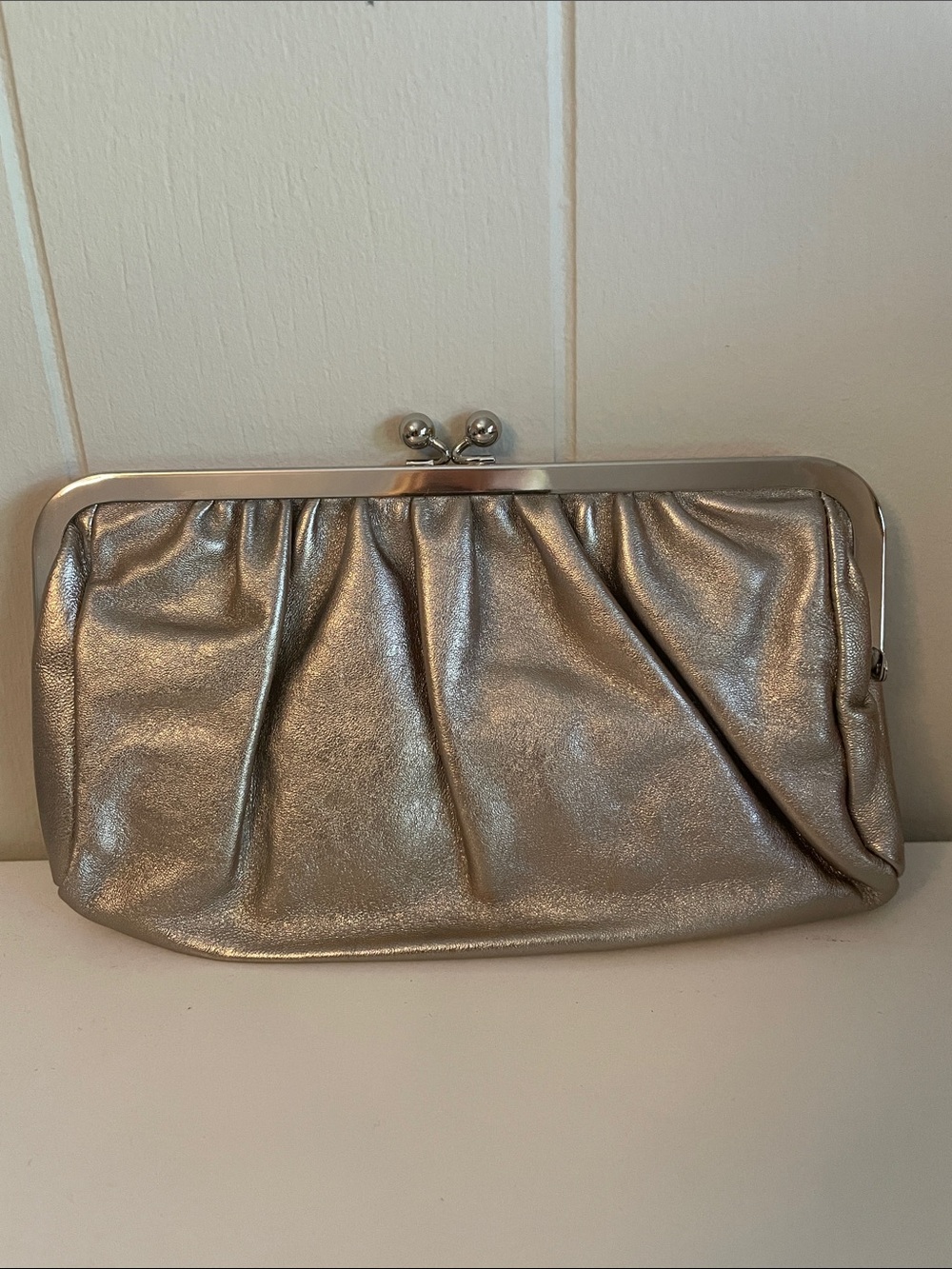 Express Metallic Leather Silver Frame Clutch